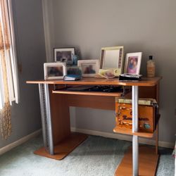 Large Vintage Desk With Shelves - Large wood & metal vintage desk with keyboard tray, top and side shelves, CD rack - Glass shelf on top of desk and s