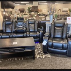 Faux Leather Midnight Black Party Time Power Reclining Sofa | Living Room 👍 Brand New Ashley 👍 Great Financing Options 👌