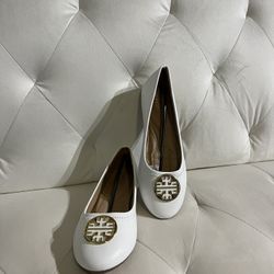 White Merozzi Flats With Gold Metal Size 9