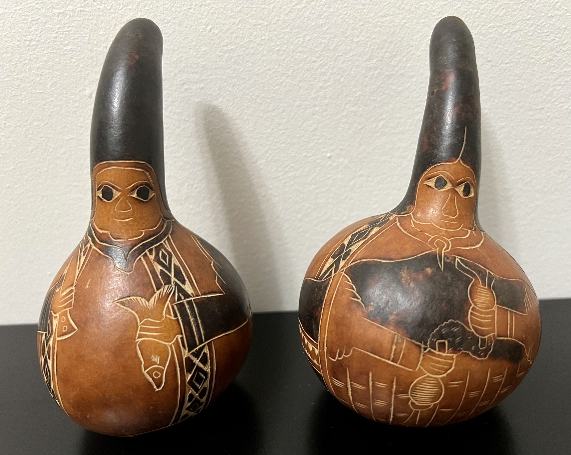 Two Vintage Peruvian Hand Carved Etched Gourd Peru Folk Art w/ Curved Flute