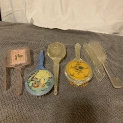 Antique Hand Held Brushes / 2 With Combs. 7pc.  