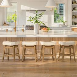 Set of 3 Bar Stools, 24" H Saddle Counter Stools, Counter Height Barstools, Fabric in Cream White
