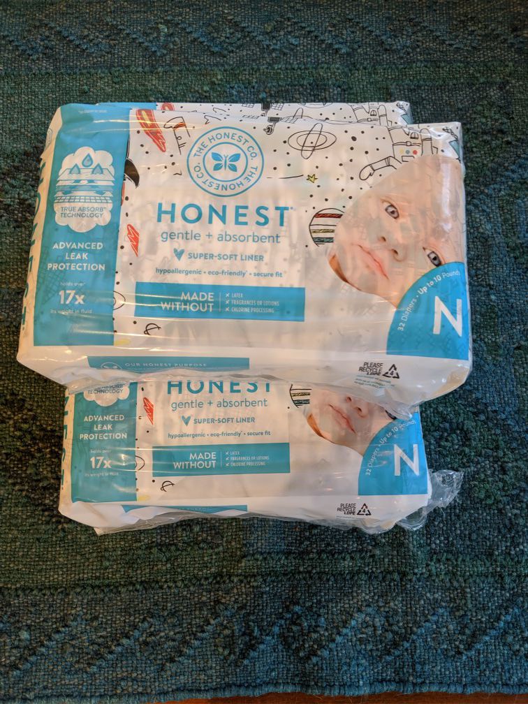 Honest (32 pack) N (up to 10 lb) diapers