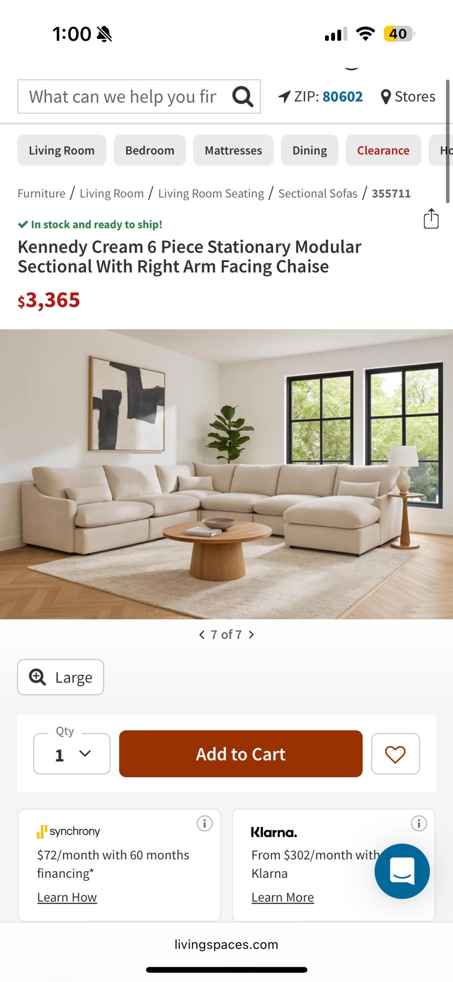 Living Spaces 5 Piece Kennedy Cream couch