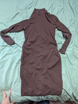 Brown Ribbed Cotton Maternity Dress - Medium
