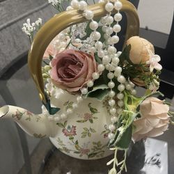 Beautiful Vintage Style Teapot With Floral Arrangement & Pearls For You Or A Perfect Mothers Day Present 