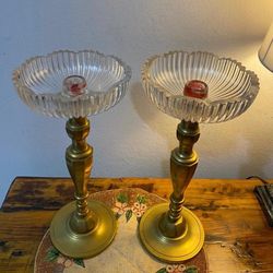 PAREJA DE CANDELABROS ANTIGUO DE BRONCE Y CRITAL MURANO