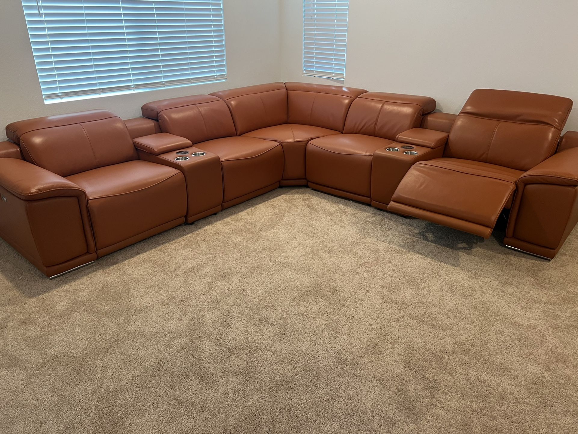 New 7 Piece 3 PWR Genuine Italian Leather Reclining Sectional. Camel. 123” X 143”. Free Delivery!