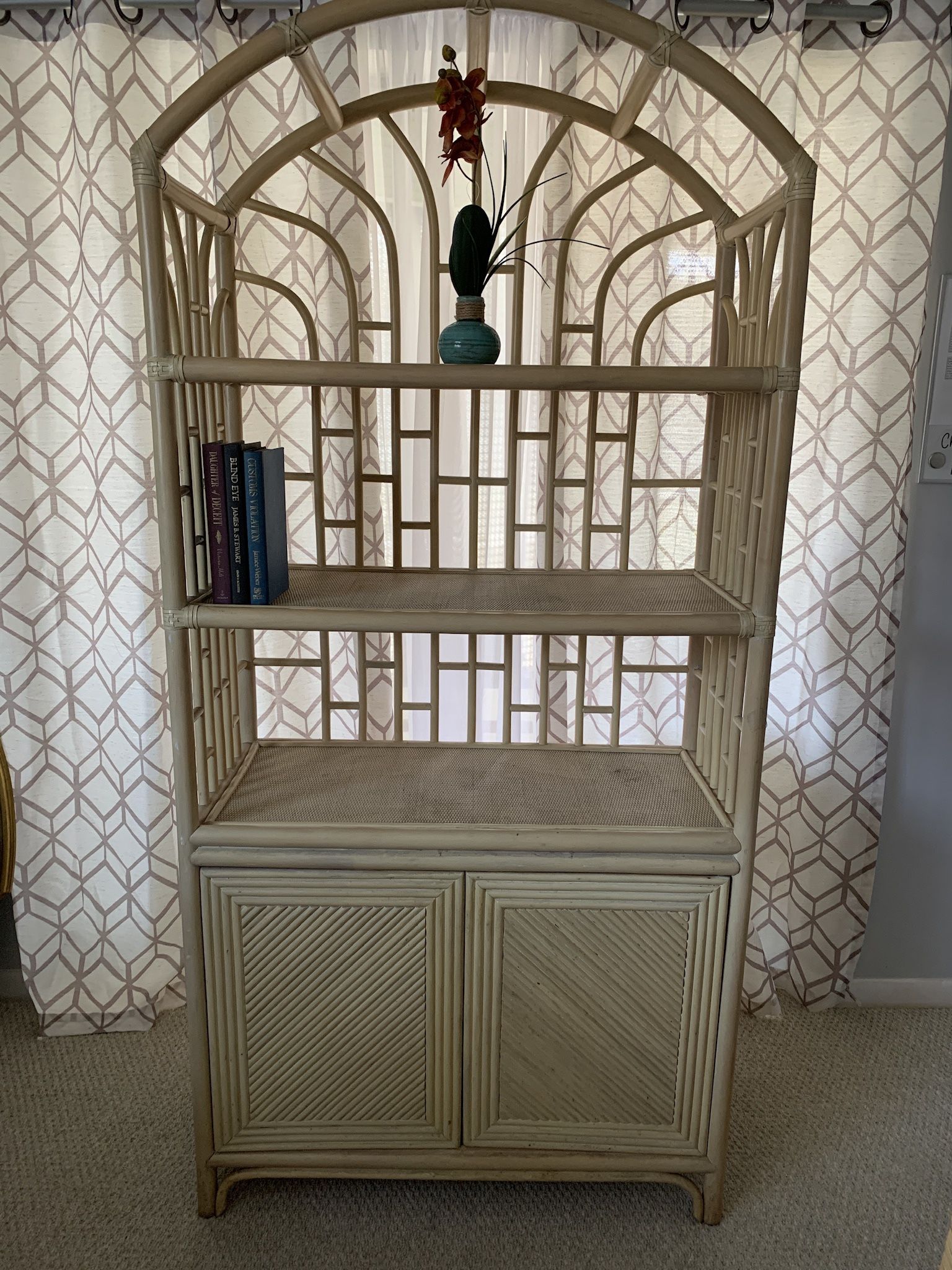 Boho Chic Pencil Reed Arch Top Etagere with Lower Cabinet