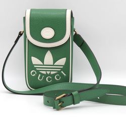 Adidas x Gucci Green Leather Crossbody Phone Bag 721794 2149 GG Trefoil Limited