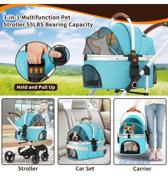 Ingborsa Pet Stroller 3 in 1 Folding Lightweight Dog Stroller with Detachable Carrier & Storage Basket, Premium 4 Wheels Travel Stroller for Puppies,