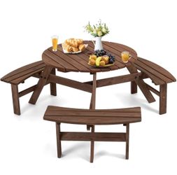 Assembled New 6 Person Wood Picnic Table, Round Tabletop with Umbrella Hole 3 Built-in Curved Bench