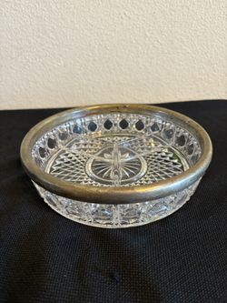 EL Royel Lead Crystal Cut Glass 3 Divided Bowl w/ Metal Rim German 8 1/4"d 2"h 