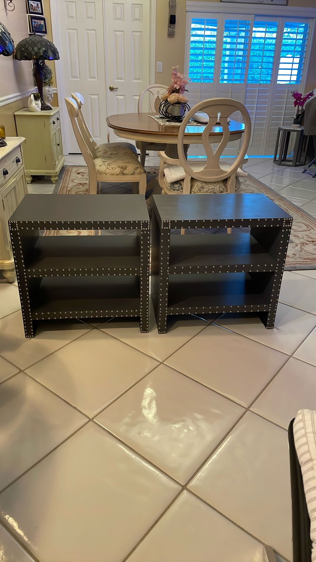 Grey Studded End Tables With Shelves