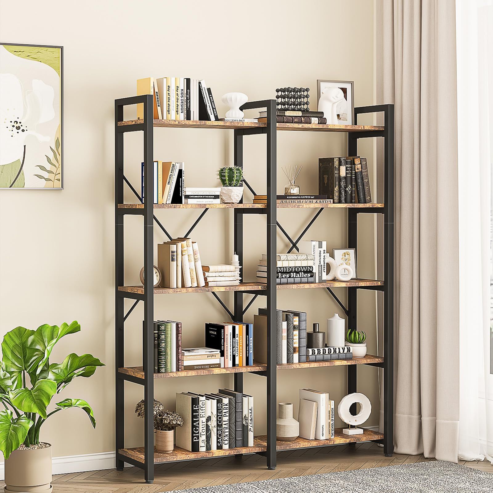 oneinmil Bookshelf 5 Tier, 58.7'' Industrial Book Shelf, Wooden Bookshelves with 10 Open Display Shelves, Vintage Storage Rack, Standing Wide Bookcase