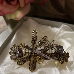 Gorgeous! Brass/Gold Dragon Fly Barrette With Crystals & Pearls 