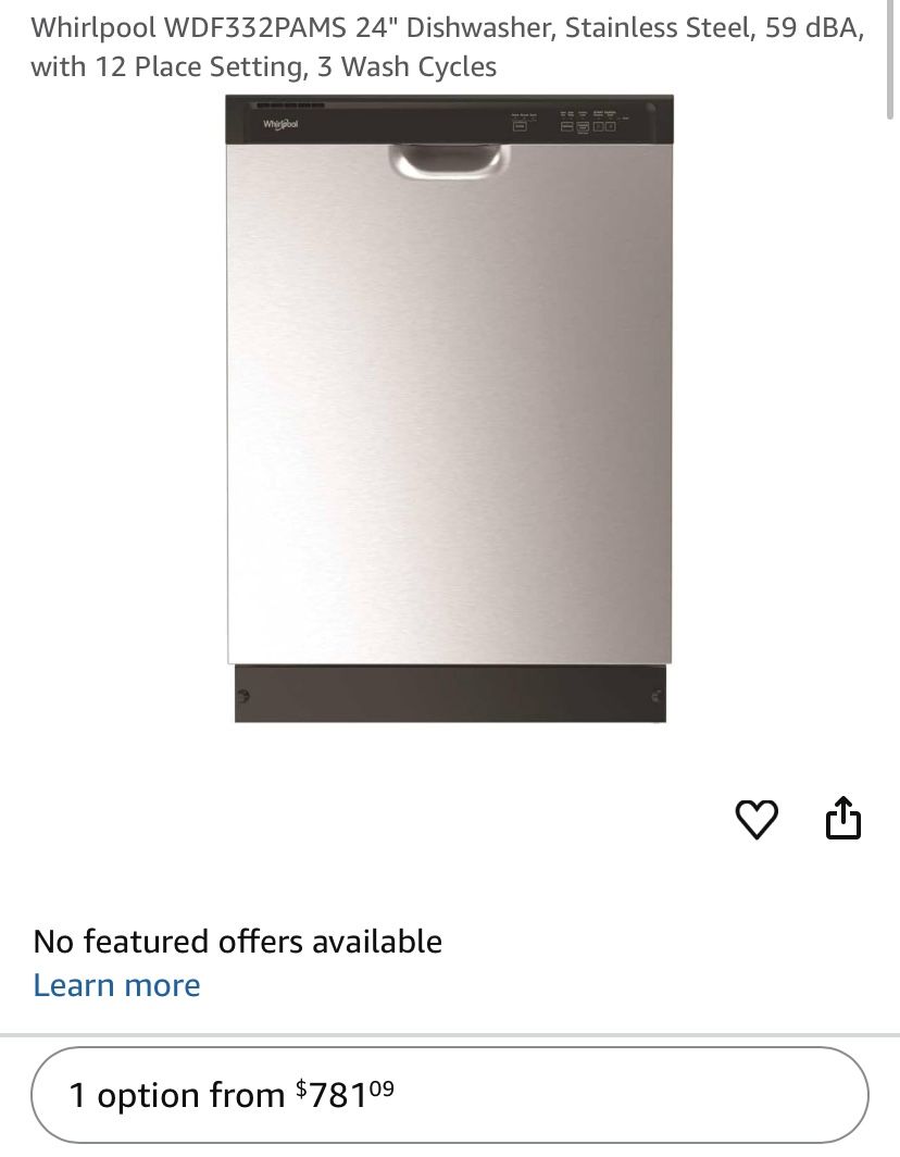 Whirlpool WDF332PAMS 24" Dishwasher, Stainless Steel, 59 dBA, with 12 Place Setting, 3 Wash Cycles