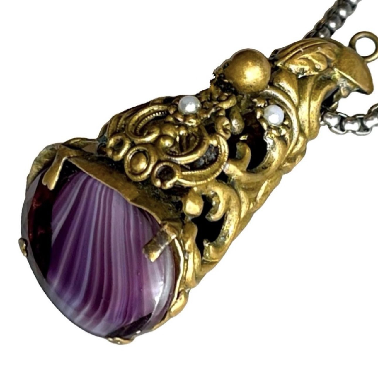 Amethyst Gem Gemstone Fine Art Necklace Pendant Solid Brass in Gold Color Pearl Cabochons UNISEX Men Women EXCLUSIVE
