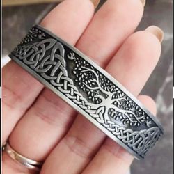Detailed Irish Celtic Tree Of Life Stainless Steel  Cuff Bracelet 