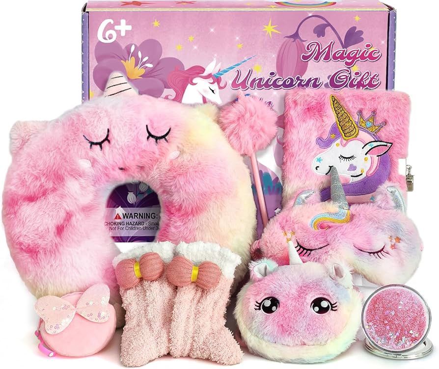 Unicorn Gifts for Girls Toys 6 7 8 9 10 Year Old Kids, Tie-Dye Travel Neck Pillow Stuffed Animal/Mirror/Plush Lock Diary/Eye Mask/Crossbody Bag/Purse/