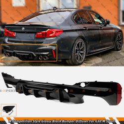 For 17-23 BMW G30 5 Series M Competition Style Gloss Black Rear Bumper Diffuser