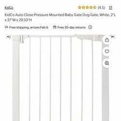 KidCo Auto Close Pressure Mounted Baby Gate Dog Gate, White, 2"L x 37"W x 29.50"H Metal NEW 