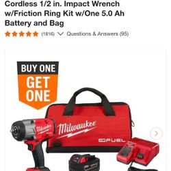 Milwaukee Cordless 1/2in. Impact Wrench W/ Friction Ring Kit W/ 1 5.0 Ah Battery N Bag