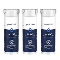 The GLACIER FRESH XWF Replacement for GE XWF Refrigerator Water Filter is a pack of 3 white water filters made of plastic. It is specifically designed