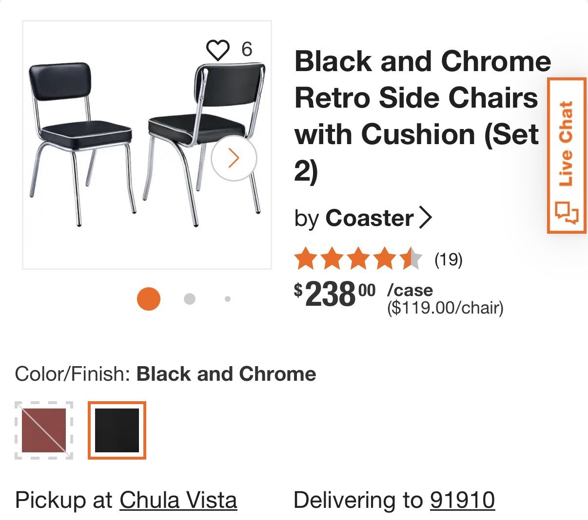 New In Box Black and Chrome Retro Side Chairs with Cushion (Set of 2) Vintage Diner Theme