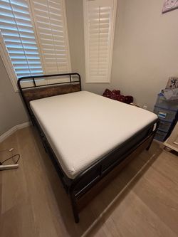 Metal Bed Frame with Wood Accents and Memory Foam Mattress