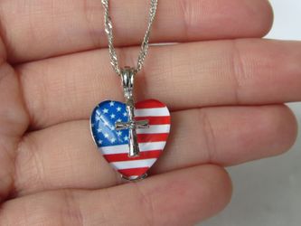 American Flag Cross Heart Pendant Necklaces Patriotic Jewelry Religious