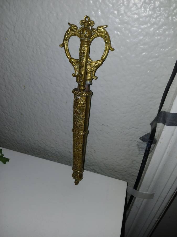 Antique Ornate Bronze Brass Scissors And Letter Opener With Sleeve