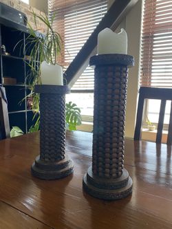 Tall Hand- Carved Wood Candle Holders