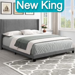 Brand New King Upholstered Tufted Platform Bed Frame with Wingback Headboard