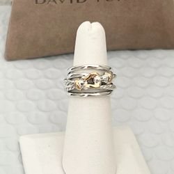 David Yurman Buckle Crossover Ring Sterling Silver with 18K Gold Size 7US