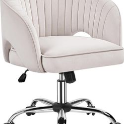 Home Office Chair, Velvet Desk Chair, Upholstered Modern Swivel Chair with Tufted Barrel Back, Rolling Wheels for Office, Study. Cream 
