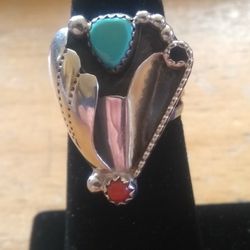 Turquoise Coral& Sterling Butterfly Ring 
