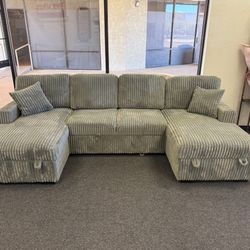 Double Chaise Grey Sleeper Sofa With Storage And Pull Out Bed 