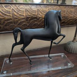 Rare Etruscan-Style Metal Art Deco Stallion in the Manner of Boris Lovet-Lorski Style Mounted on Lucite/Plexiglas Base