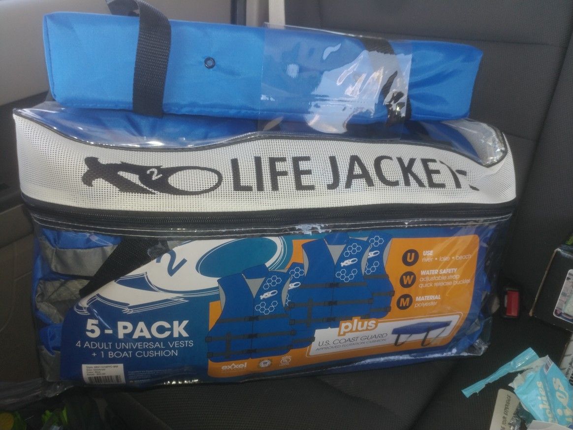 Life jackets 4 adults universal vests plus 1 boat cushion