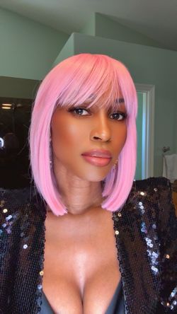 Short Pink Bob With Bangs Premium Quality Synthetic Hair Heat Ok