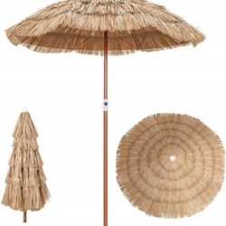 9ft Hula Thatched Tiki Umbrella Hawaiian Style Beach Patio Umbrella and 8 Ribs with Crank Lift UPF 50+ Outdoor Tiki Bar, Tropical Palapa, 