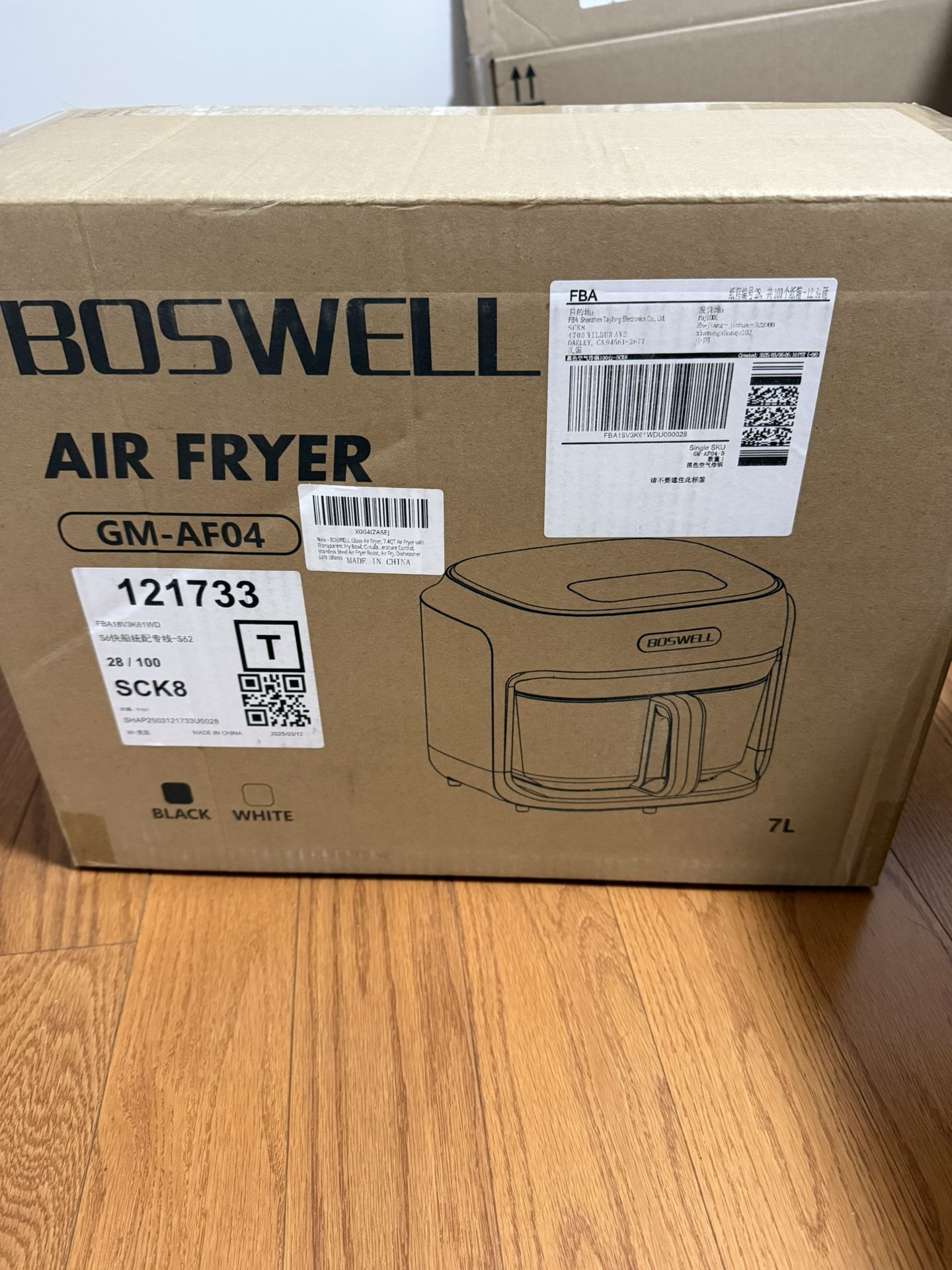 BOSWELL Glass Air Fryer, 7.5QT with Transparent Fry Bowl, Circulating Heating, Temperature Control, Stainless Steel Air Fryer Roast, Dishwasher Safe (