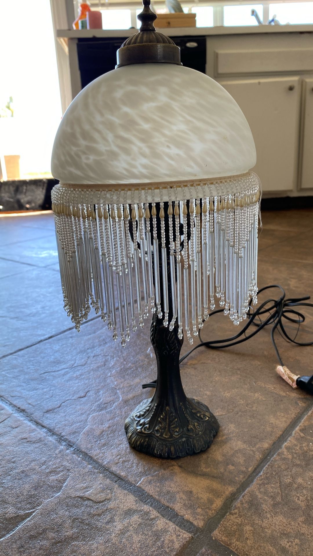 Victorian Lamp, Glass Fringe Lampshade, Mini, Accent, Vintage