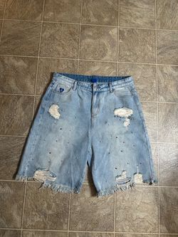 Distressed Denim Shorts with Rhinestones