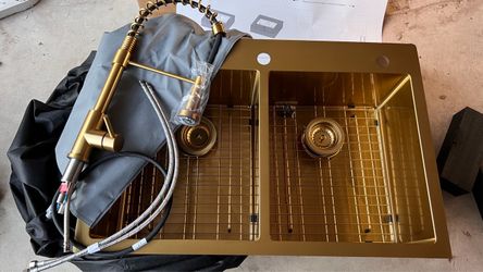 33 in Gold Double Basin Kitchen Sink with Faucet