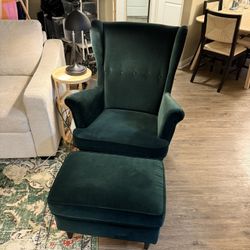IKEA Green Velvet Strandmon Chair and Ottoman