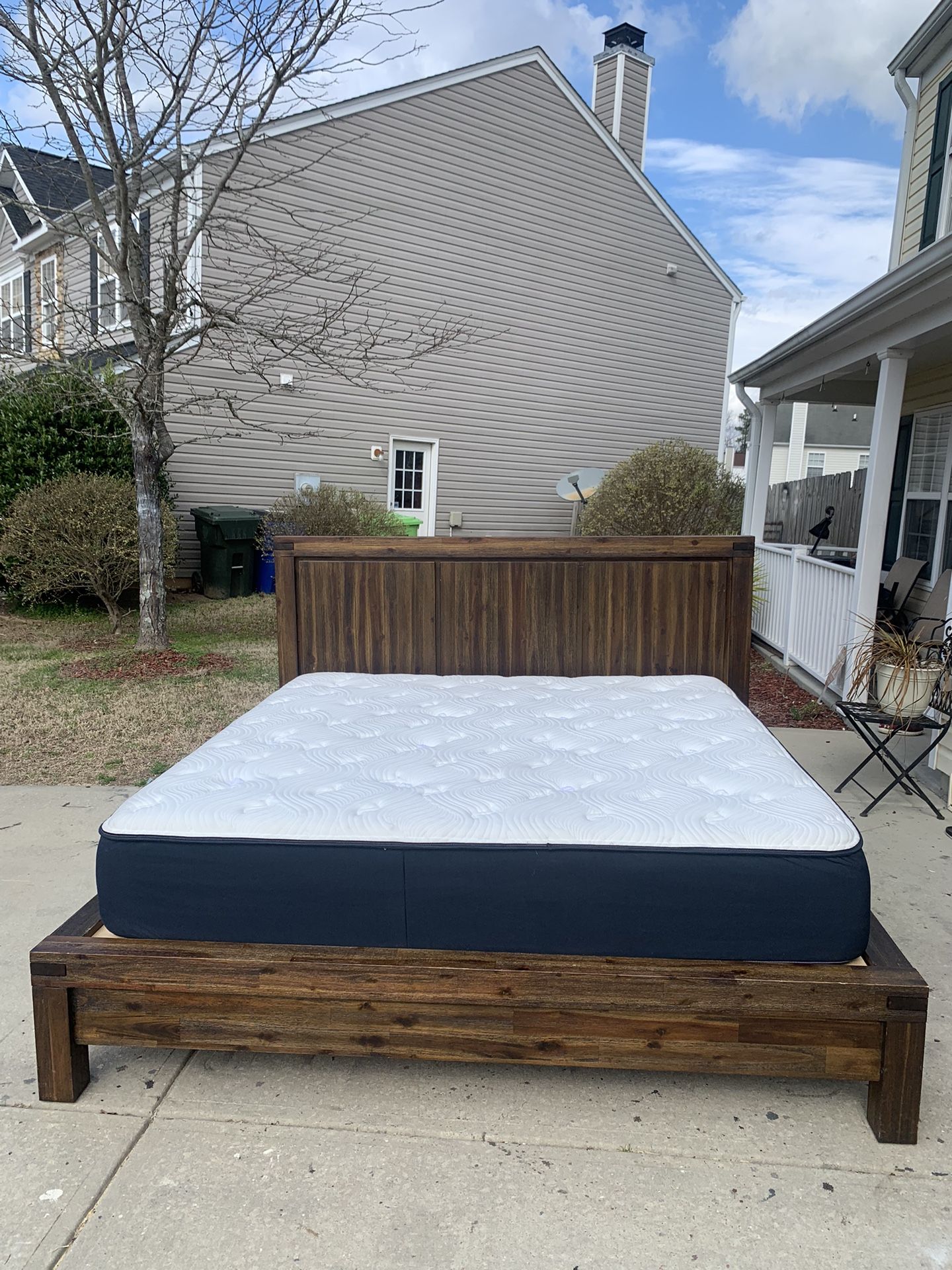 World Market Hand Crafted Solid Wood King Bed With Frame And Firm Mattress. Excellent Condition