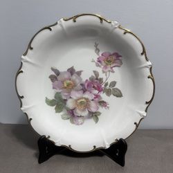 China Porcleian Wild Rose Serving Platter Germany. Gold trim scalloped 11”  with holder. 