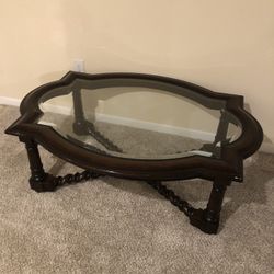 Traditional Oval Tempered Glass and Solid Wood Coffee Table